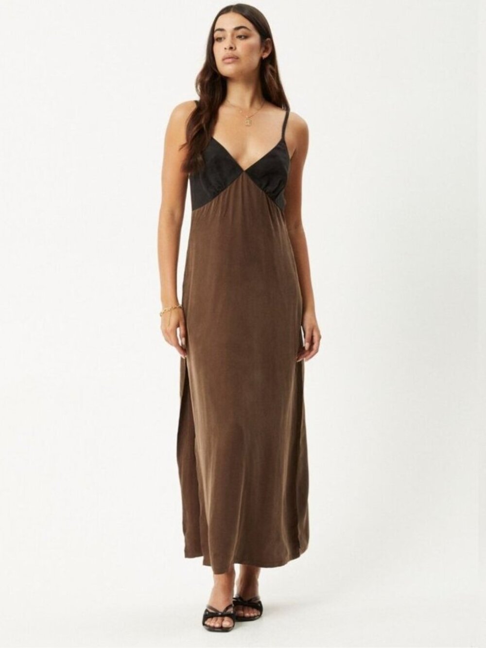 Afends Giselle Cupro Maxi Dress - Coffee - Size Medium